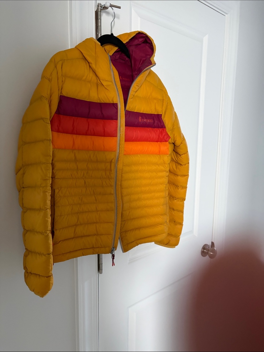 Cotopaxi Women's XS Fuego Hooded Down Jacket Amber Stripes Yellow GUC Puffer